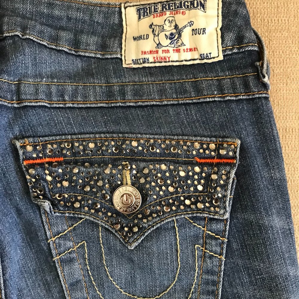 True Religion lLow Rise, Skinny Jeans with Rhinestones